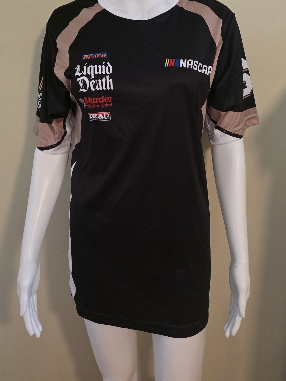Liquid Death NASCAR Black & Tan Short Sleeve Graphic Tee Unisex Size Small.